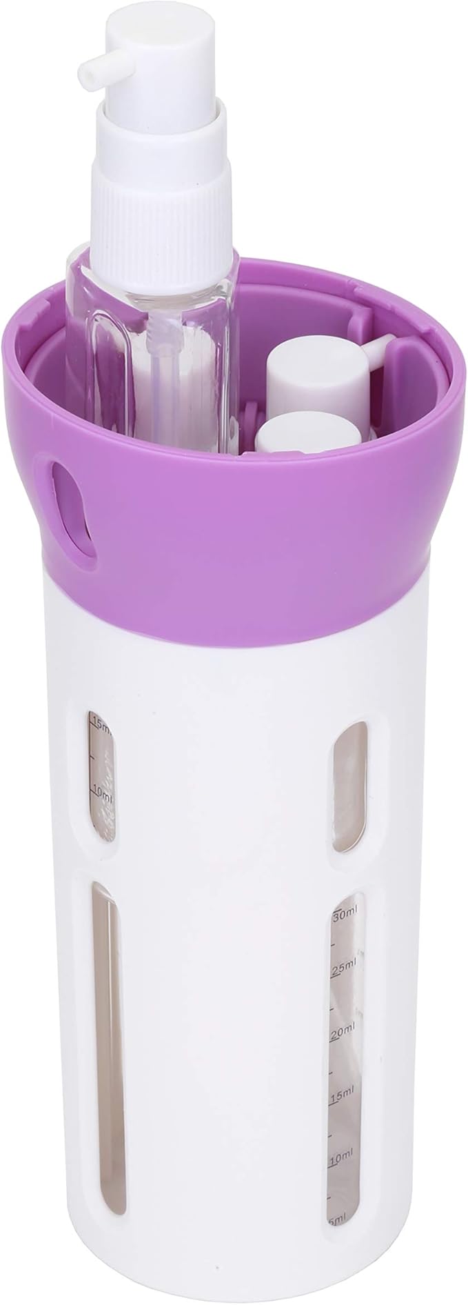 Travigo 4-in-1 Travel Dispenser Bottle, TSA Approved, Leak Proof, Four Reusable 1.4 oz. (40 mL) Toiletry Containers for Shampoo, Conditioner, Soap, Lotion, Skincare (Purple)