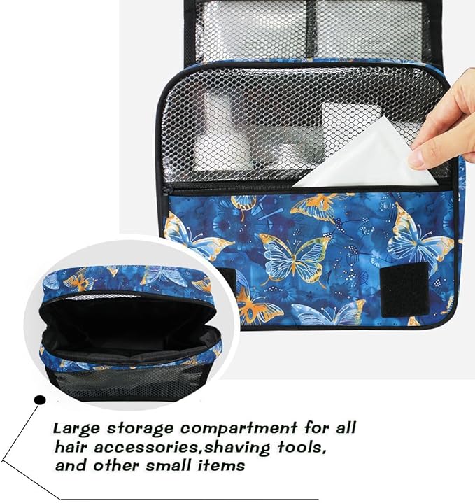 Hanging Travel Toiletry Bag Butterflies Dye Navy Kit Makeup Case Cosmetics Organizer for Men Women