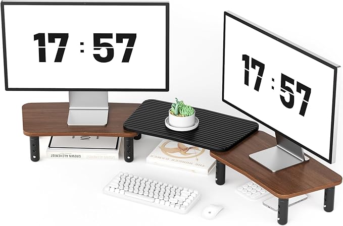 AFOOYO Dual Monitor Stand For Desk,Adjustable Height Long Wood Computer Riser For Computer,Laptop,Printer,TV,Walnut