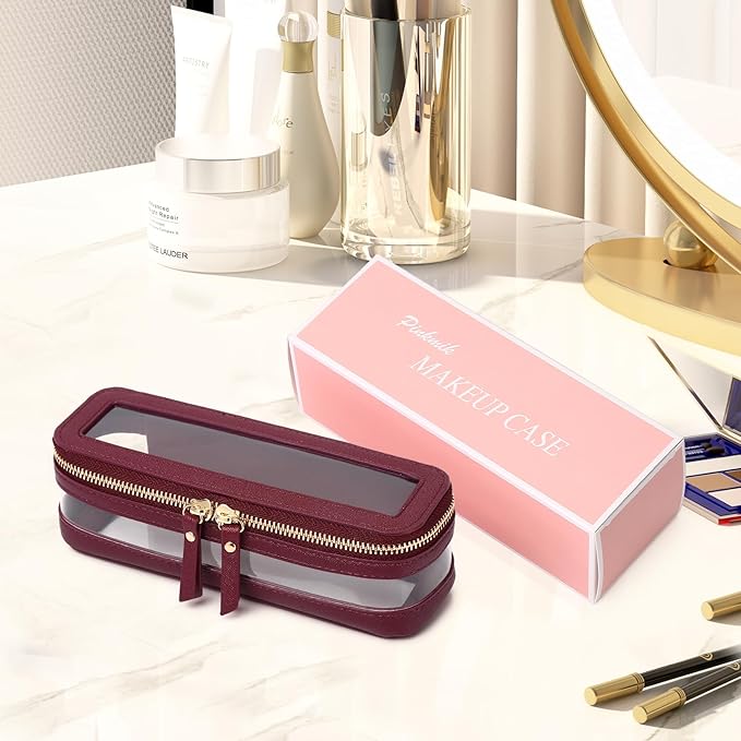 Pinkmik Makeup Brush Case Clear Travel Cosmetic & Toiletry Bag Slim Makeup Bag with Zipper Small Purse Organizer Car Essential for Women (X/Burgundy, SLIM)
