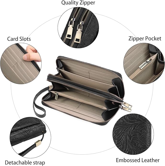 GOIACII Women's Wallet Wristlet Ladies Phone Purse RFID Blocking Large Card Holder Double Zip Grip Strap Vegan Leather