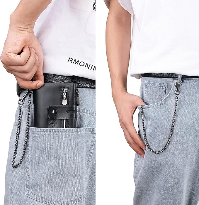 Mens Wallet with Chain Genuine Leather Purse RFID Blocking Bifold Double Zipper Coin Pocket with Anti-Theft Chain
