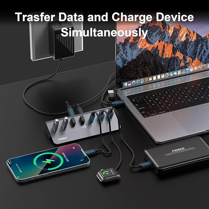 FIDECO Powered USB Hub, 7 Port 10Gbps Fast Data Hub for iPhone 16/15 and Laptop, Full Aluminum USB Splitter with 5V 3A Power Adapter, 4 USB A and 3 USB C Ports, Support BC1.2 Charging (Grey)