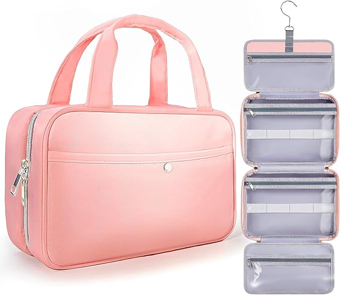 Travel Hanging Toiletry Bag for Women - Waterproof Cosmetic Organizer with Clear Window, Lightweight Bathroom Bags for Essentials, Makeup, Shampoo, Toiletries Dark Pink, Medium