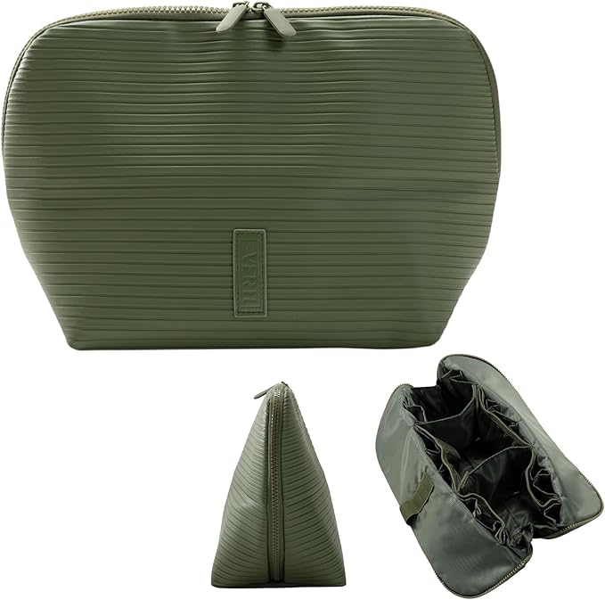 THE VERTI-Vertical Waterproof Makeup & Toiletry Bag | 23-Pocket Organizer with Upright, Fold-Down Design for Skincare, Toiletries & Essentials (Olive, Medium)