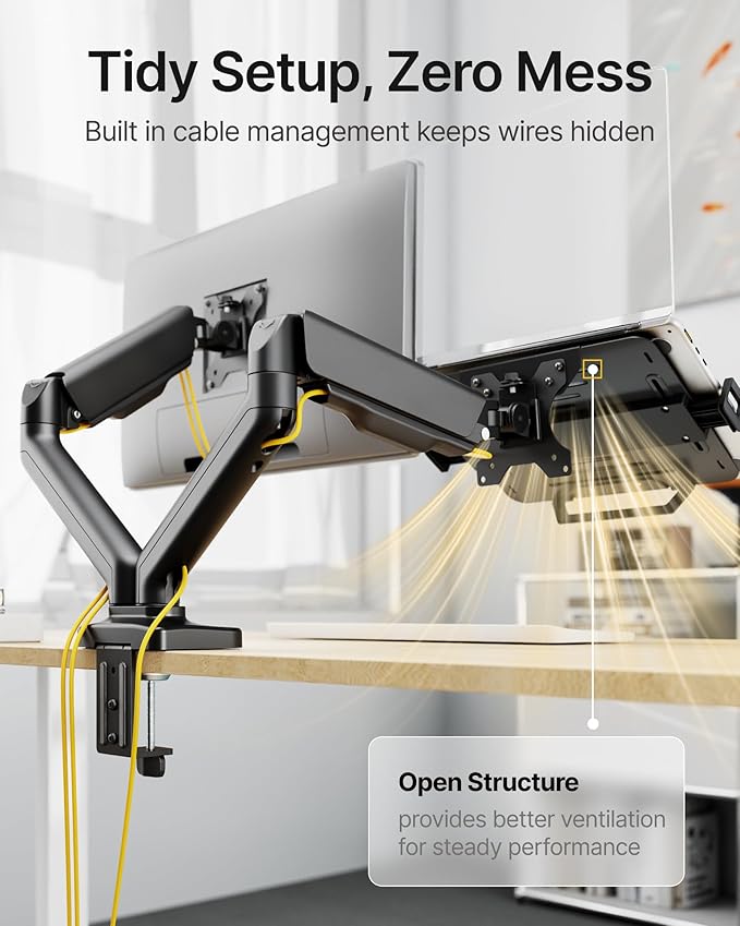 monTEK Laptop Arm Mount for Desk for Max 32” Screen and 18” Notebook, Dual Monitor Stand with Adjustable Laptop Holder, Holds up to 19.8 lbs, Full Motion Arm with Clamp/Grommet Base, 75/100 VESA Mount