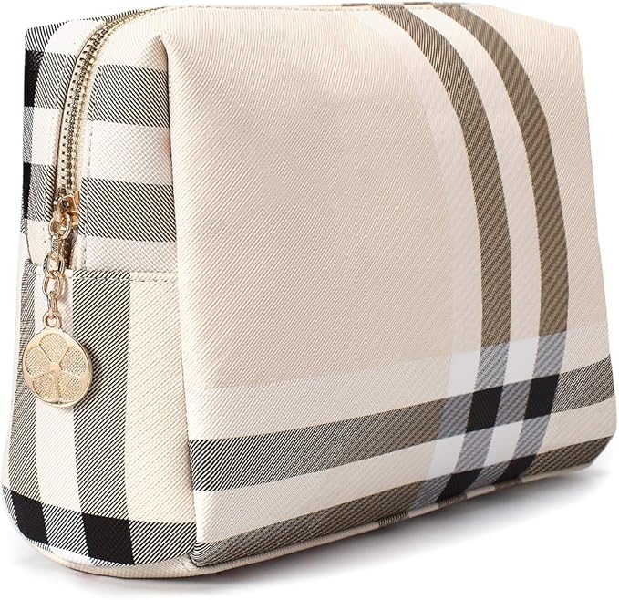 Large Makeup Bag for Purse Luxury Women Cosmetic Bags Designer Make Up Pouch for Toiletry Travel Organizer (Beige)