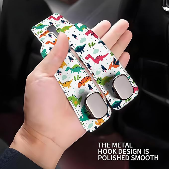 Car Seat Headrest Hook, Universal Leather Cute Hanger Holder Hook, Storage Organizer Interior Accessories for Purse Bags Handbag Colorful Cute Dinosaurs