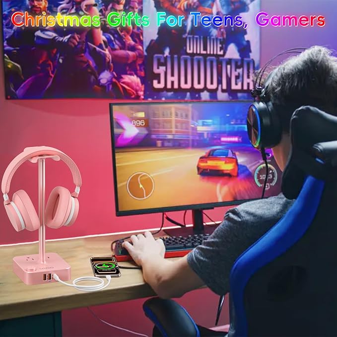 Pink Headphone Stand with USB Charger, Gaming Headset Holder with 3 USB Ports & 2 AC Outlets, PD Fast Charging & QC3.0, Desk Organizer for Girls, Gifts for Her,Girlfriend,Teen, Pink Gaming Accessories