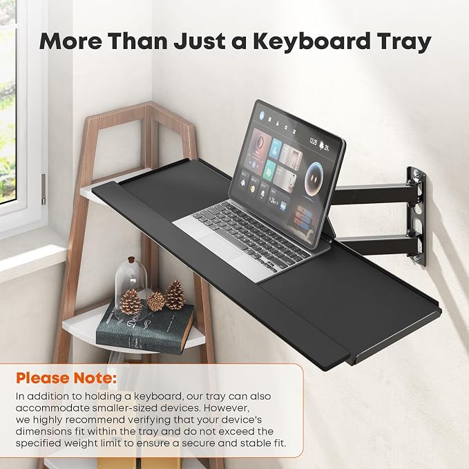 PUTORSEN Wall Mount Keyboard Tray with Adjustable Arm - Ergonomic Swivel & Tilt, Universal Keyboard and Mouse Tray for Home Office, Gaming & Streaming, 7.6"x25.8" Platform, Holds up to 19.8 lbs