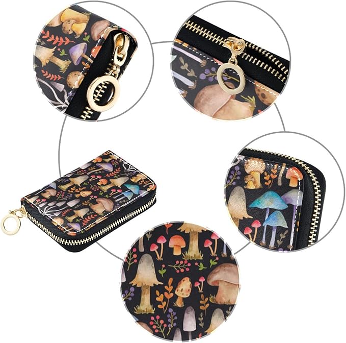 Mushroom RFID Credit Card Holder Wallets Accordion for Women Leather Zipper Card Case Accordion Wallet for Ladies Girls
