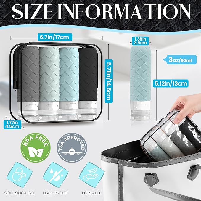 Silevoler Travel Bottles for Toiletries, TSA Approved Silicone Travel Size Containers for Toiletries, BPA Free Leak Proof Refillable Essentials Accessories, Shampoo and Conditioner Bottles (Gray)