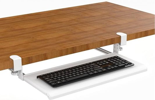 Stand Up Desk Store Large Clamp-On Retractable Adjustable Keyboard Tray | Improve Comfort While Increasing Desk Space - for Desktops Up to 1.5" Thick (33" W x 12.25" D) (White) (Large)