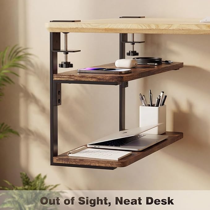 2-Tier Desk Extender, 22-inch Clamp-On Desk Shelf, Height-Adjustable Desktop Shelf Organizer for Monitors Office and Gaming Accessories, Arm Support Table Extension, Dark Brown
