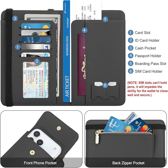 DOB SECHS Leather Passport Wallet Crossbody Phone Bag, RFID Blocking Passport Holder Credit Cards Case for Women
