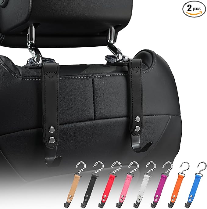 Car Hooks,Car Purse Hook,Car Headrest Hook 2 Pack Leather Headrest Hooks for car Accessories,SUS304 Car Bag Hooks(Black)
