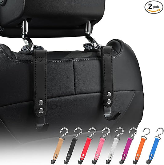 Car Hooks,Car Purse Hook,Car Headrest Hook 2 Pack Leather Headrest Hooks for car Accessories,SUS304 Car Bag Hooks(Black)