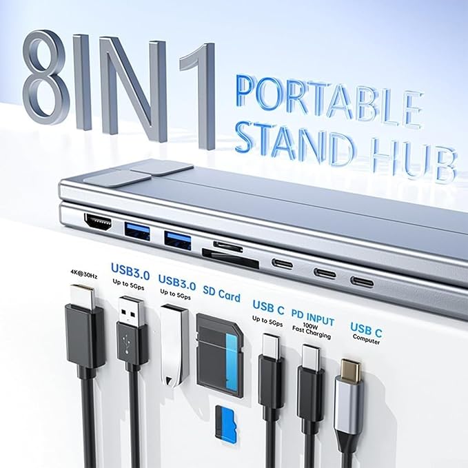 Ergonomic Notebook Dock ??Laptop Stand Workstation | Multiport usb c Adapter 8 in 1 Hub with Fast Charge, Adjustable Height Tablet Holder, Desktop Organizer for Remote Office, Home Study, gameng Setup