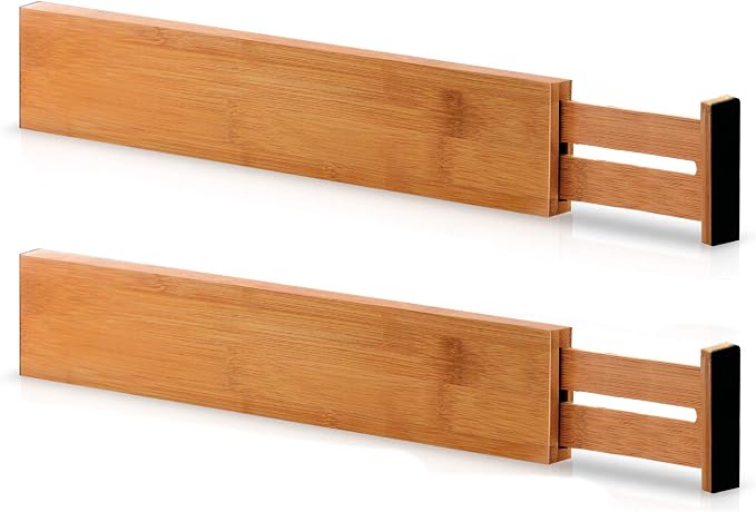 Adjustable Bamboo Drawer Divider Organizers - Fits Large Drawers Sized 17.5" Upto 22"- Expandable Kitchen Drawer Organizer Separators for Utensils, Dresser, Clothes, Bedroom, Bathroom 2-Pack, Natural