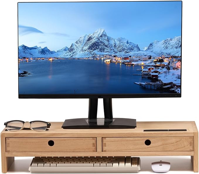 KIRIGEN Wood Monitor Stand with 2 Drawers, Solid Wood Computer Monitor Riser for Desk, Desktop Organizer Shelf with Cable Management, Pen Slots, Natural, No Assembly PMJ-NA