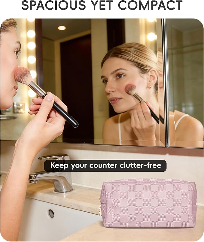 Checkered Makeup Bag for Purse - Cute PU Leather Travel Cosmetic Pouch for Women, Portable Flat Toiletry Organizer with Gold Zipper(pink)