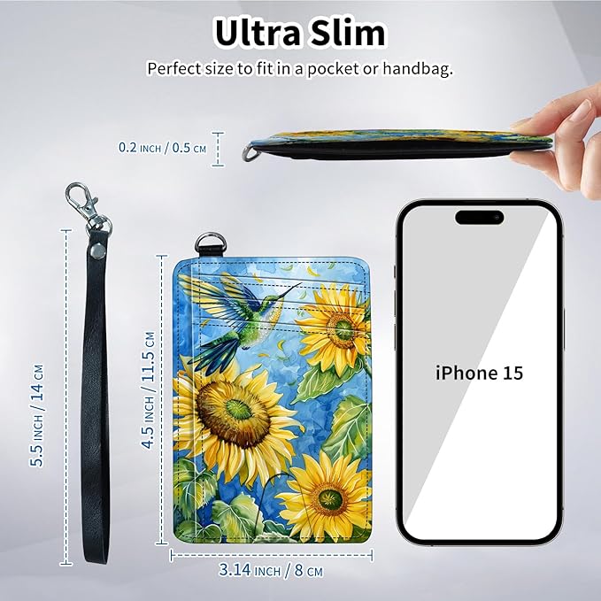 Slim Minimalist Front Pocket Wallet,Credit Card Holder Wallet for Women Men,RFID Blocking Credit Card Holder Case Leather Cute Small Thin Wallet ID Window&Wrist Strap,Watercolor Sunflower Bird