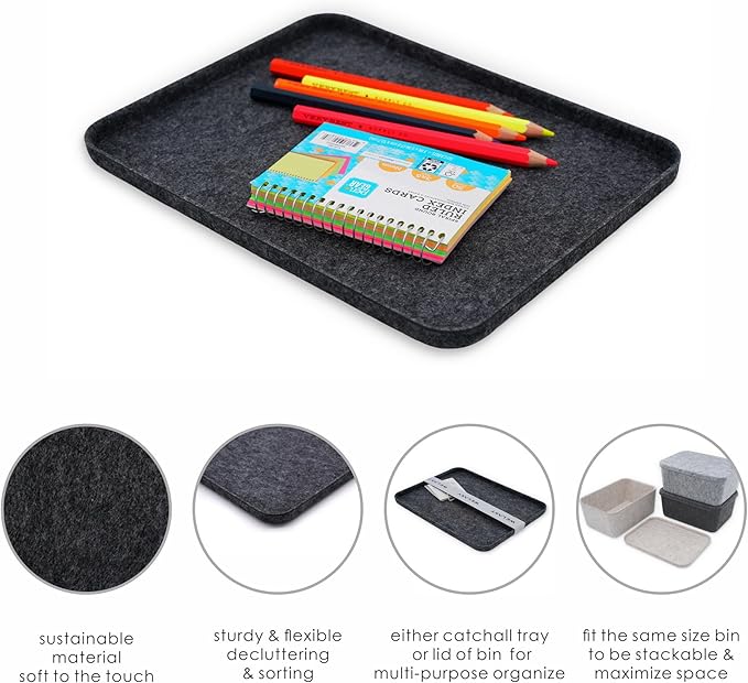 Welaxy felt tray Lid for Storage Bins Drawer Organizer bin cap of box for junk stuff stationery makeup jewelry closet bathroom minimalist lifestyle (Charcoal Lid, M)