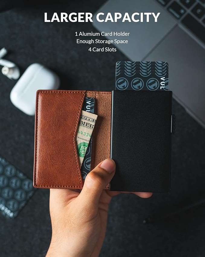 VULKIT Men's Slim Wallets Pop Up Card Holder RFID Blocking Metal Wallet Minimalist Design Holds Up to 11 Cards