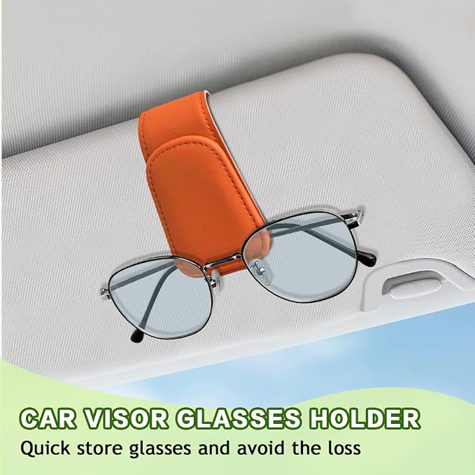 Sunglass Holder for Car, Sunglasses Clip for Car Visor, Magnetic Leather Vehicle Eyeglass Hanger Clip, Auto Ticket Card Glasses Organizer Clamp Accessories for SUV Sedan (Orange)