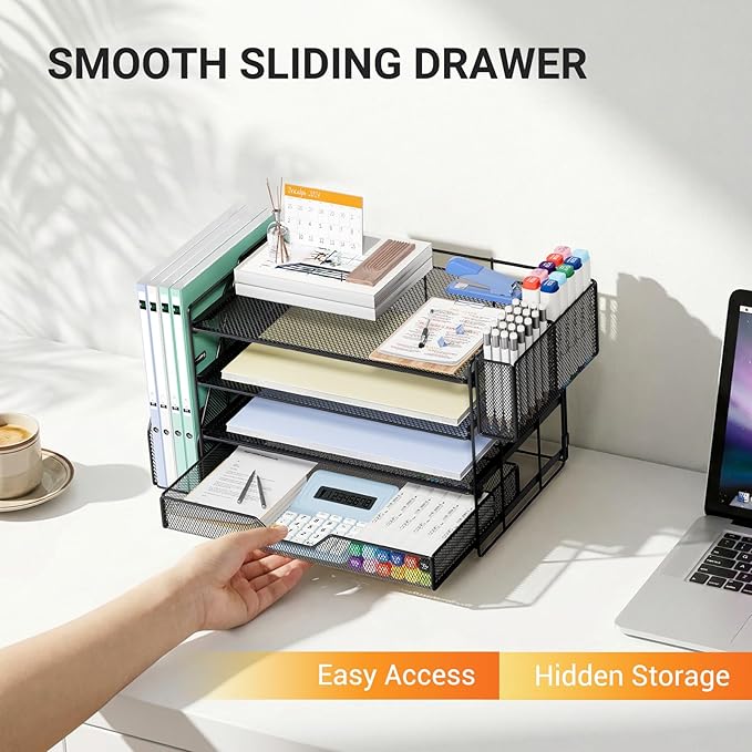 OPNICE Desk Organizers and Accessories, 4-Tier Workspace Desktop File Organizer with Drawer & Pen Holder, Paper Tray Organizer with File Holder, Office Desk Accessories for Home Office Supplies, Black