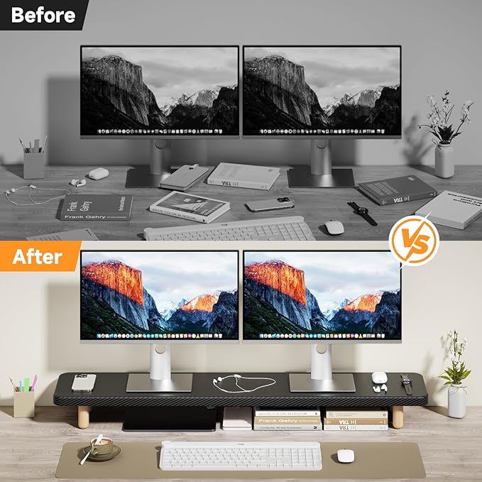 Dual Monitor Stand Riser, 39 Inch Extra Long Wooden Desktop Monitor Riser with Storage for 2 Monitors Ultra Strong Desk Shelf Organizer Riser Ergonomic for 2 Screens/Laptop/PC/TV/Printer (Black, 39inches)