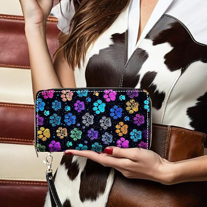 Colorful Dog Paw Prints Print Women Large Capacity PU Leather Zip Around Wallet, Multifunctional Clutch Purse for Cash/Card/Coin/Smart Phone