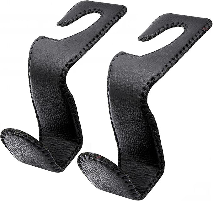 EldHus Headrest Hooks for Purses and Bags, 2 Pack Car Seat Hooks for Grocery Bag Handbag, Metal Car Purse Holder Covered by Leather, Black