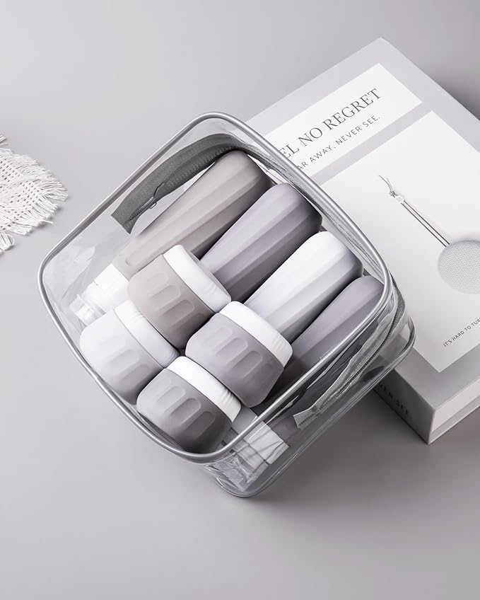 Mrsdry Travel Bottles for Toiletries 8 Pack, TSA Approved Travel Size Containers 3oz, Leak Proof Silicone Squeezable Creams Jars with Clear Travel Bag