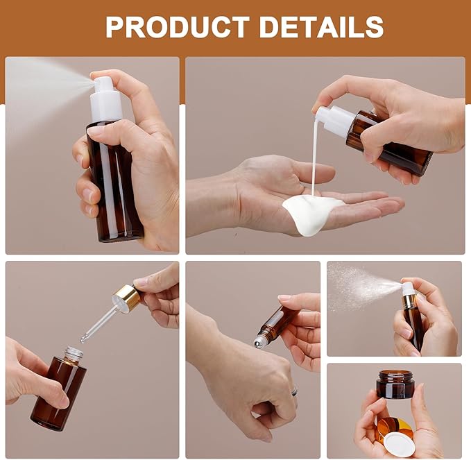 26 Pack TSA Approved Glass Travel Skincare Containers, 2/1.7/1.35/0.7/0.5/0.3oz Refillable Traveling Size Containers with Pump, Jars & Essential Oil Bottle, Leak-Proof for Creams & Liquids