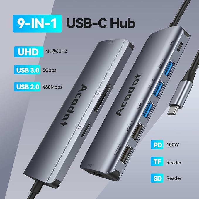 USB C Hub, 9 in1 Multi-Port USB Adapter for Laptop/Mac, 4K@60Hz USB C to HDMI Splitter, 100W Max PD, 3 USB3.0 + 2 USB2.0 Data Ports, SD/TF Card Reader, for Type C Devices