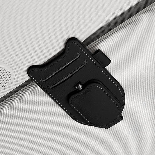 Sunglasses Holder for Car Visor, Magnetic Leather Glasses Eyeglass Clip, With Ticket and Pen Clip (Black)