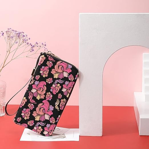 Unisex Zip Around Wallet for Adults Teens Abstract Colored Flowers Coin Pouch Cash Pocket PU Leather Wallets Card Holder Organizer Designer Purse with Wristlet Strap