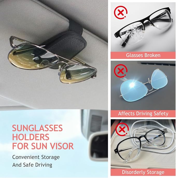 Sunglass Clip for Car Visor, Car Sunglass Holder Clip, Sunglasses Visor Clips for Cars, Magnetic Leather Glasses Eyeglass Hanger Clip for Car, Car Visor Accessories (Black)