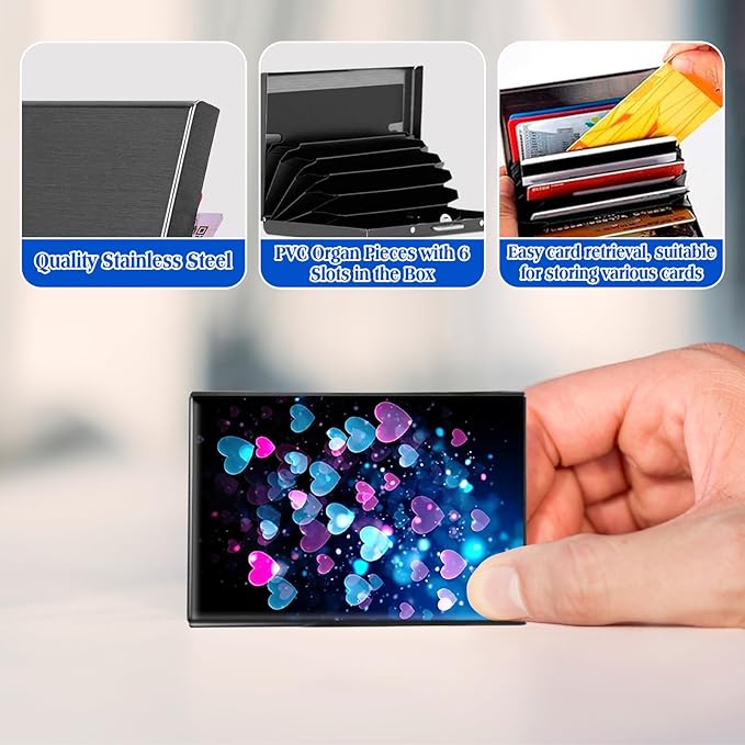 RFID Blocking Credit Card Holder - Slim Metal Wallet for Women & Men,Colorful Heart Shape Design Stainless Steel Business Card Case,Compact Pocket Organizer for Travel & Daily Use