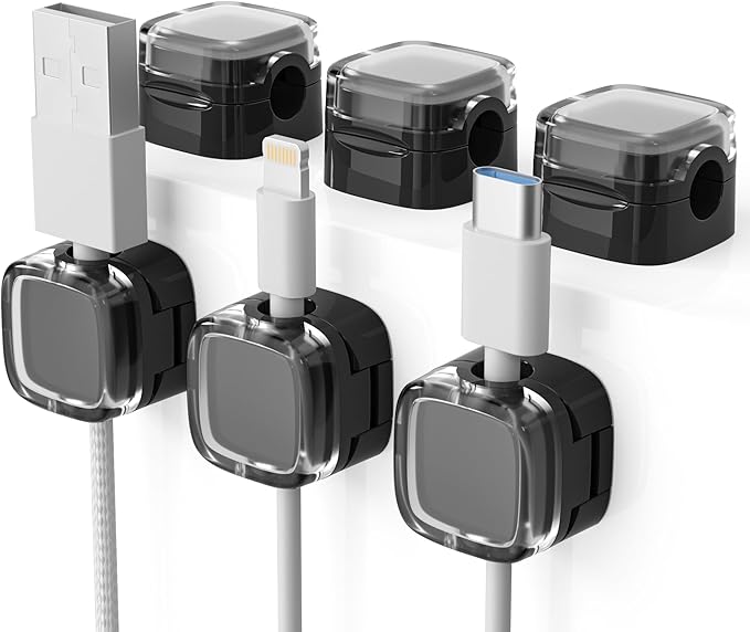 6 Pack Magnetic Cord Organizer & Cable Clips - Adjustable Under Desk Cable Management, Adhesive Wire Holder for Home, Office, Phone, Car, Wall, and Nightstand (Black)