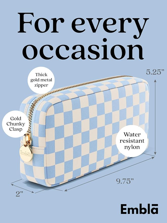 Makeup Bag Travel Cosmetics Pouch and Toiletry Bag, Nylon Zipper Pouch Purse, Cute Make Up Organizer Storage Tote for Women Girls, Travel Skincare Case, Small Makeup Case, Sky Checkered