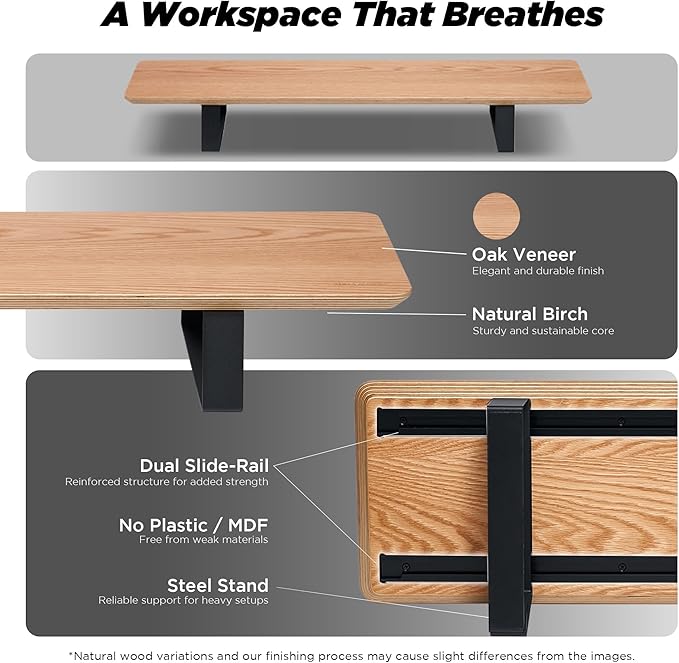 ULTRARM Moodular Wooden Monitor Stand 33.4??(85cm) Desk Organizer with Metal Slide Rails for Drawer, Tray, Laptop, Tablet, Phone & Headphones Customizable Riser for Organized Workspace Oak MS85-O