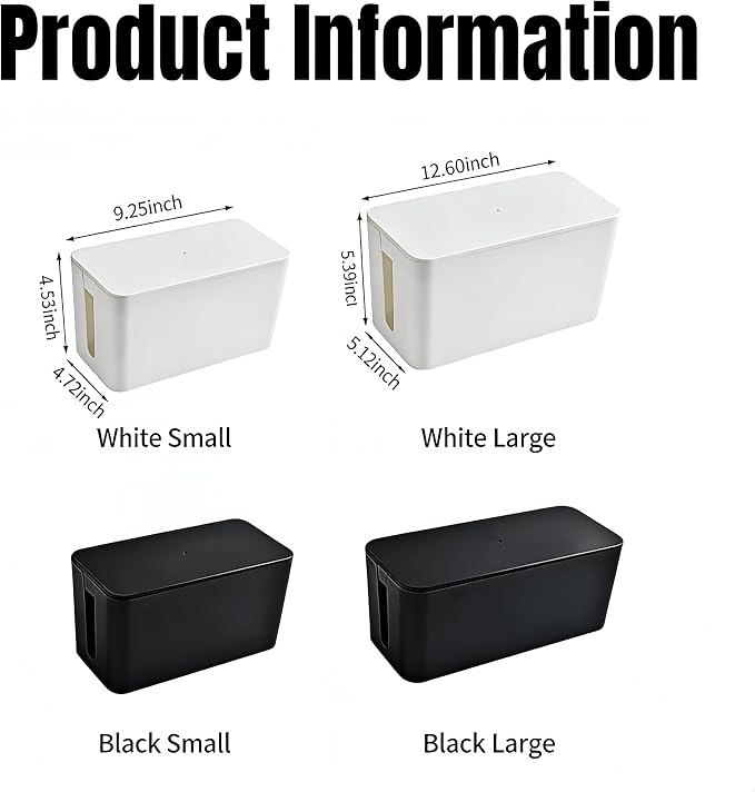 1 Large + 1 Small Cable Management Box Set – 2-Piece Cord Organizer Box, Home Office Desk Wire Storage & Cable Management Solution (Acryliclid lid/White)
