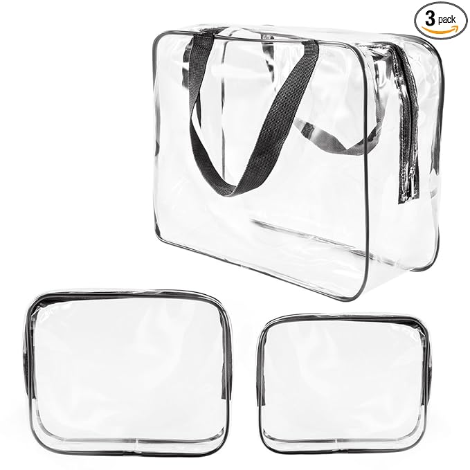 3Pcs Crystal Clear PVC Travel Toiletry Bag Kit for Women Men, Waterproof Vinyl Organizer Makeup Bags with Zipper Handle Straps, Cosmetic Bag Pouch Carry on Airport Airline Compliant Bag Handbag