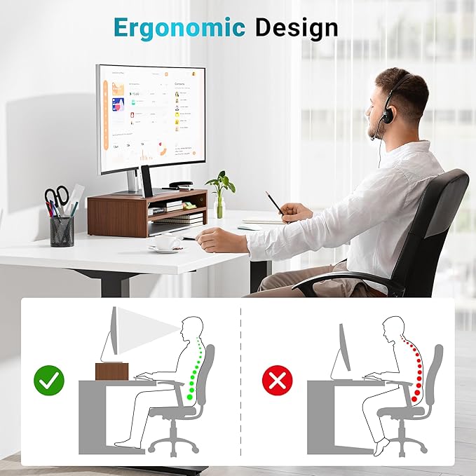 BONTEC Wood Monitor Stand Riser, 2-Tier Desktop Organizer with Storage, Ergonomic Computer Stand for Desk, Cable Management, Cellphone Holder, 21.3 Inch Shelf, Walnut