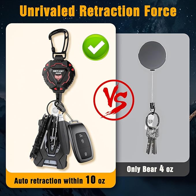 Retractable Keychain, Heavy Duty Carabiner Badge Holder, Tactical ID Badge Reel with 32'' Coated Steel Cord, Bearing 10.0 oz- Black