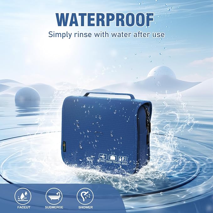 Hanging Travel Toiletry Bag, Portable Travel Cosmetic Organizer Bag for Women Men, Waterproof Toiletries Wash Bag with 4 Compartments & Hanging Hook (Dark Blue)