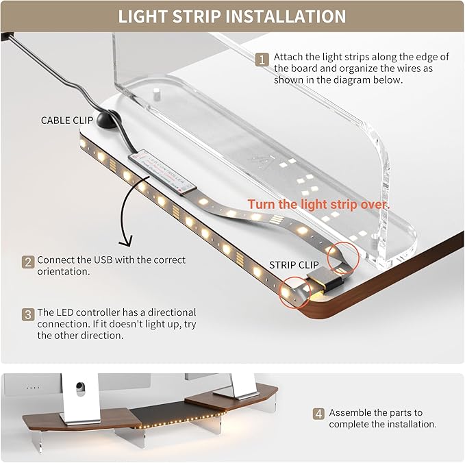 AFOOYO LED Dual Monitor Stand Riser for 2 Monitors,Office Desktop Wooden Stand Adjustable Length and Angle 3 Shelf,Extra Long Multifunctional Stand up to 44.4" for Computer,Laptop,TV,Walnut Finish