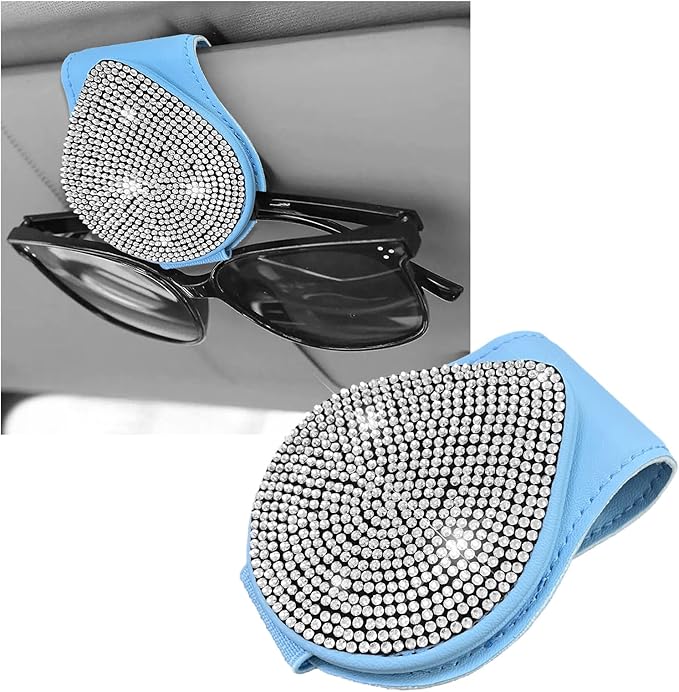KVAEY Bling Sunglass Holder for Car Visor, Magnetic Leather Visor Clip Glasses Holder with Sparkling Rhinestones, Crystal Visor Ticket Card Clip for Women Girls, Car Accessories (Blue & White)